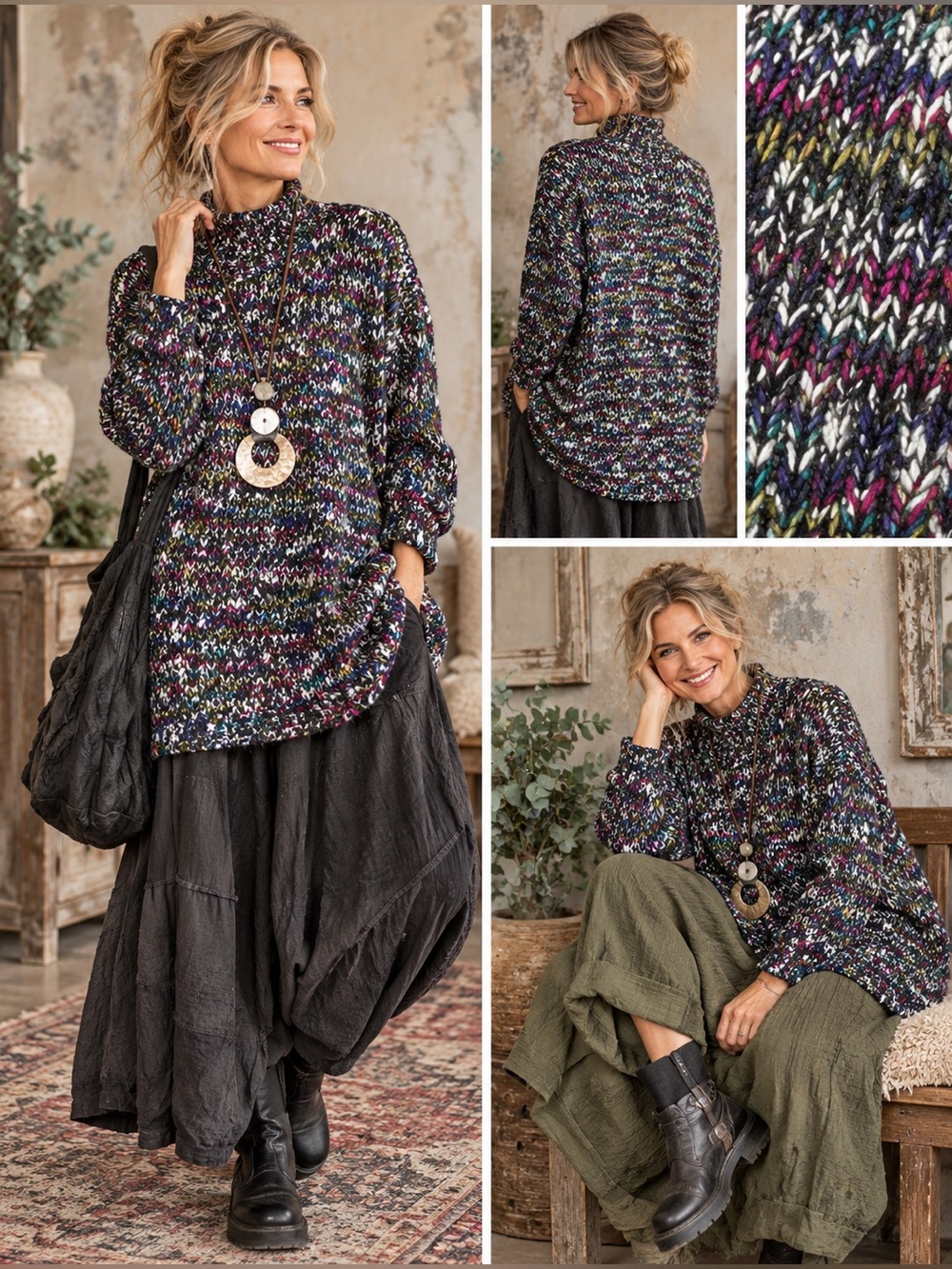 Vintage Caren Sport Confetti Marled Wool Blend Mock Neck Sweater Tunic Sz Medium